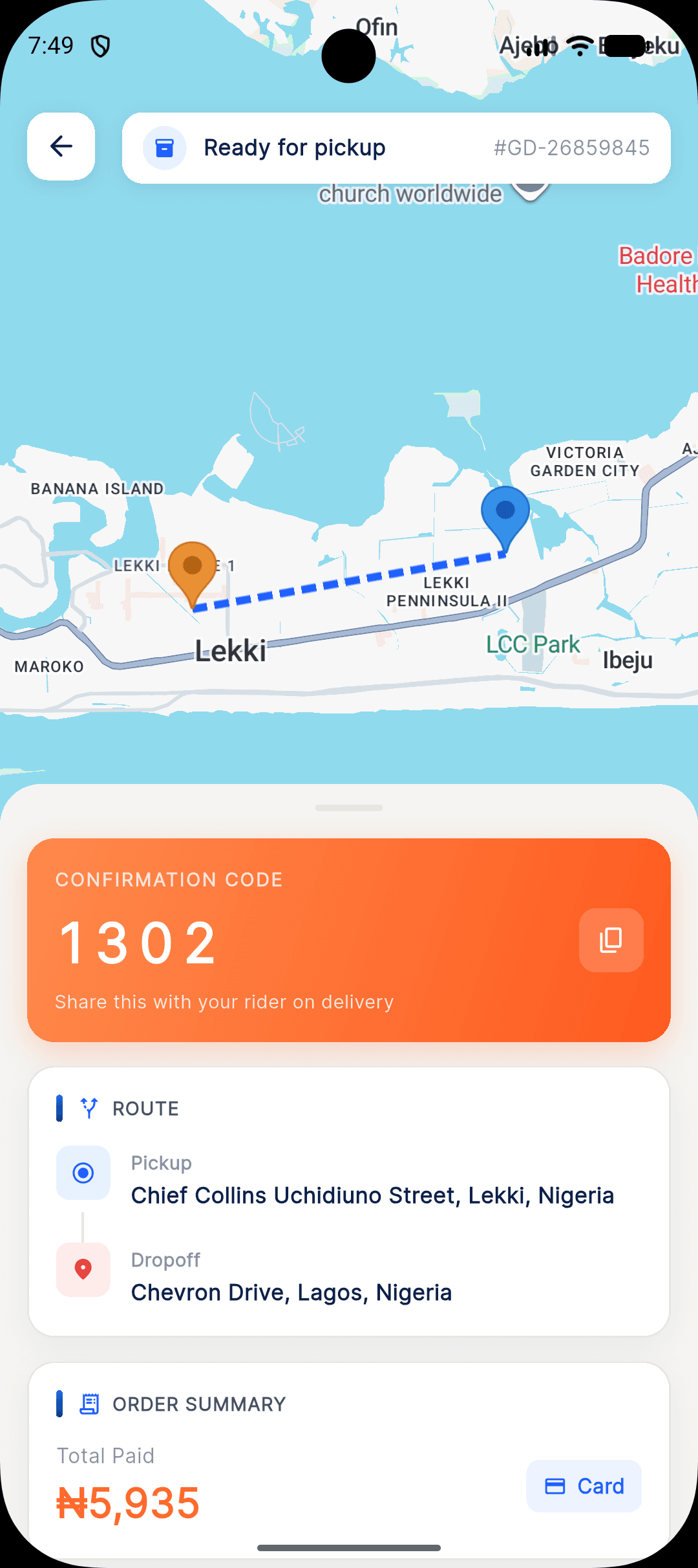 Live order tracking screen in the Godrop app, showing a rider en route on the map